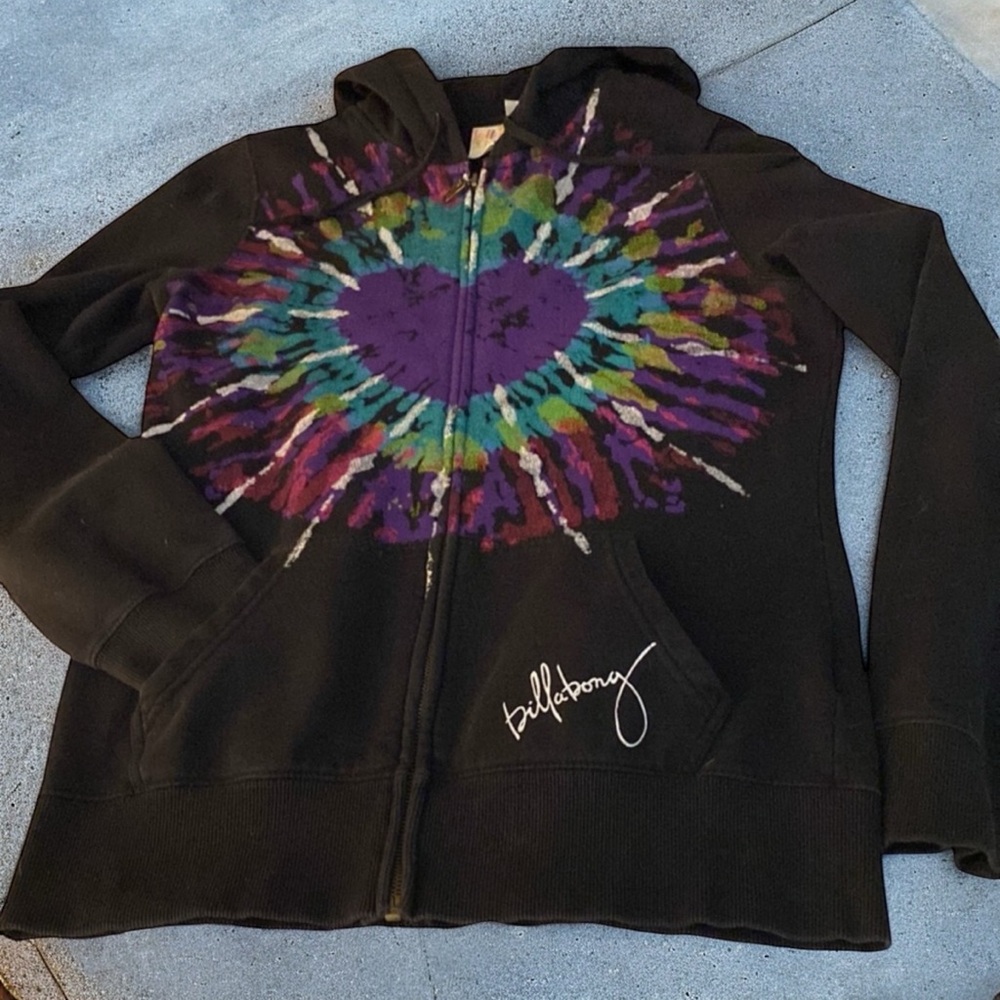 VINTAGE Black Billabong Full Zip Hoodie  Hand painted Center Design, size Medium - Picture 2 of 12